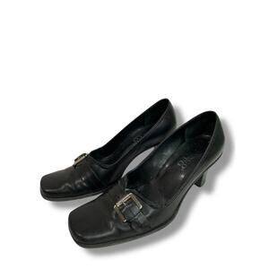 Size 7.5 Franco Sarto Womens Leather Silvertone Buckle 2.5" Block Heel